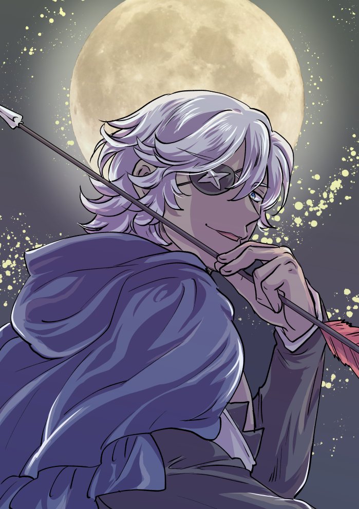 1boy arrow_(projectile) blue_hood capelet eyepatch fire_emblem fire_emblem_fates full_moon holding holding_arrow hood hooded_capelet moon niles_(fire_emblem) nintendo solo white_hair zrtb_feif