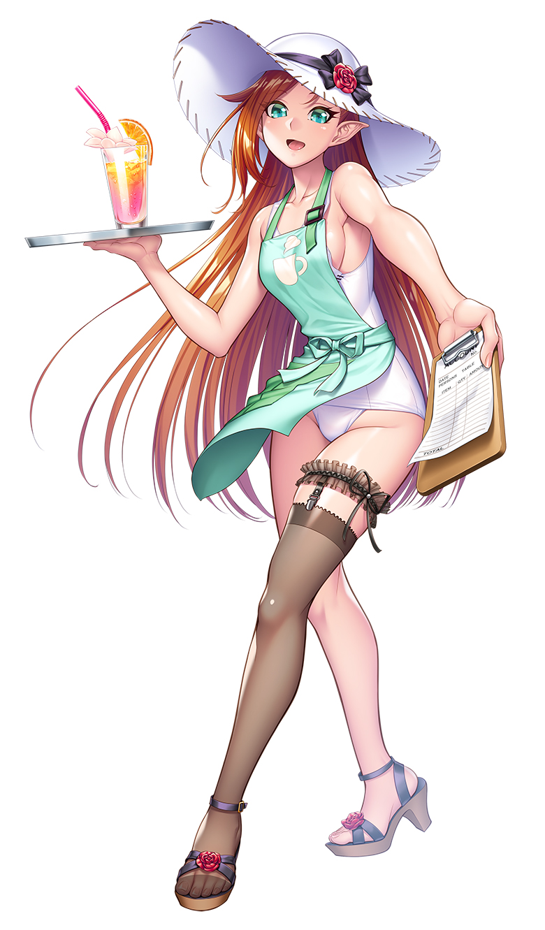 1girl aqua_eyes full_body hat highres lilith-soft long_hair official_art one-piece_swimsuit orange_hair pantyhose pointy_ears selvia_rosemary simple_background solo swimsuit taimanin_(series) taimanin_rpgx zol