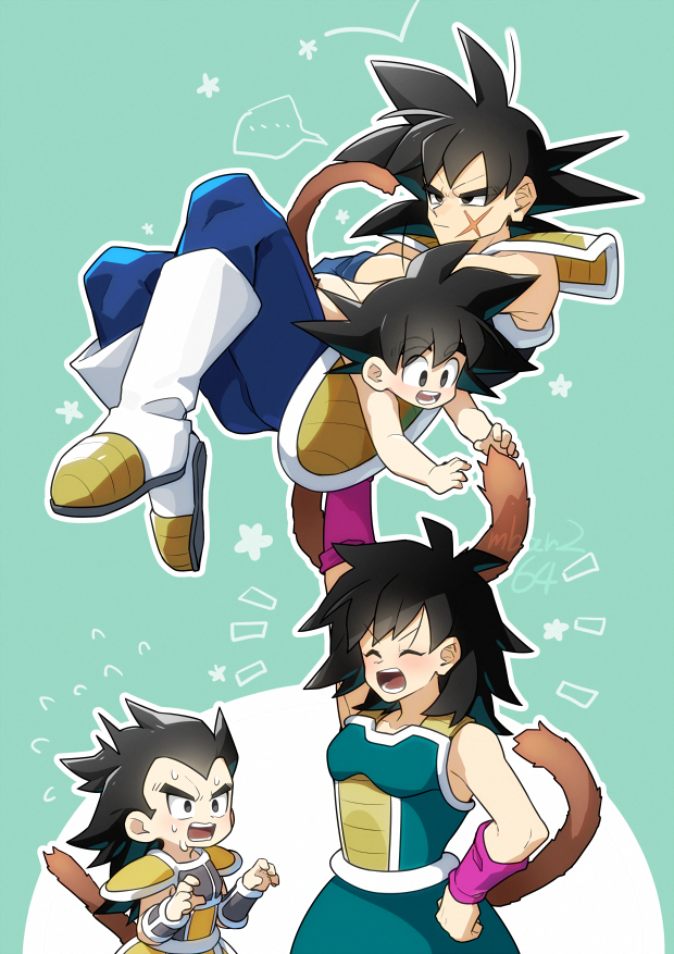 ... 1girl 3boys aged_down arm_up assertive_female bardock black_eyes black_hair blue_leggings boots bracer brothers carrying carrying_person child closed_eyes commentary_request cross_scar crossed_arms dragon_ball dragon_ball_minus facial_scar family father_and_son flying_sweatdrops gamubanku gine hand_on_own_hip husband_and_wife leggings long_hair looking_at_another medium_hair monkey_boy monkey_girl monkey_tail mother_and_son multiple_boys muscular muscular_male open_mouth pink_arm_warmers raditz saiyan_armor scar scar_on_cheek scar_on_face siblings son_goku speech_bubble spiked_hair spoken_ellipsis star_(symbol) sweatdrop tail twitter_username widow&#039;s_peak