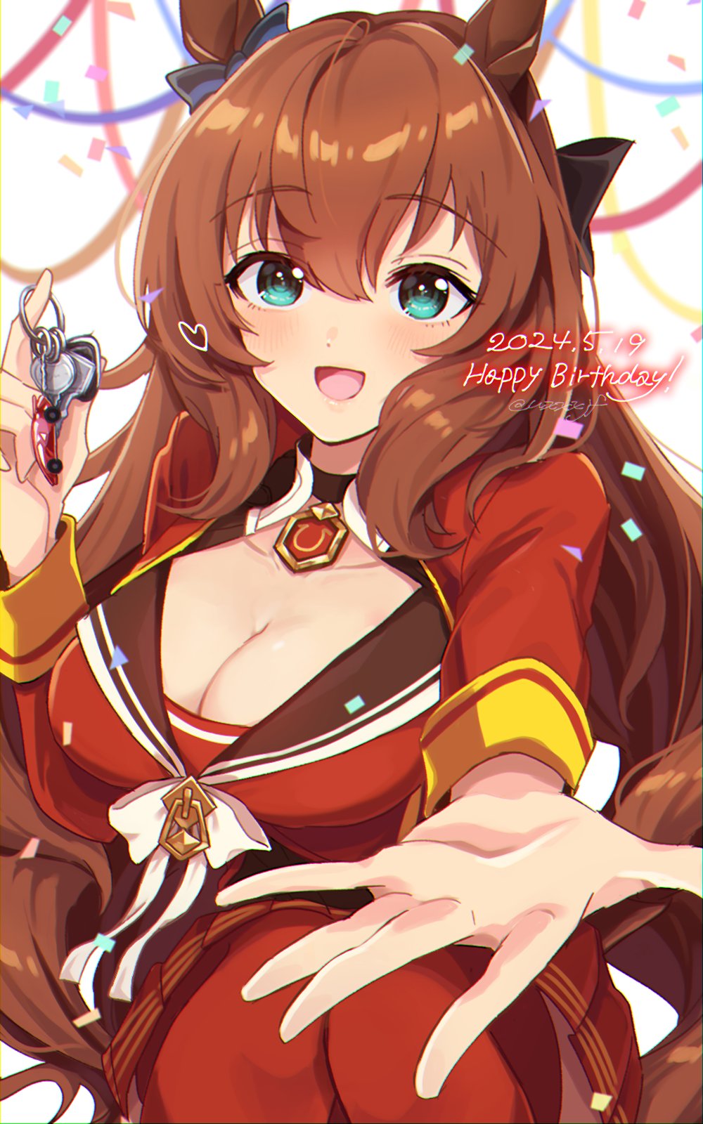 1girl :d animal_ears aqua_eyes birthday black_bow blue_bow bow breasts brown_hair car_keys choker confetti dated ear_bow hair_bow happy_birthday highres horse_ears horse_girl horse_tail large_breasts long_hair long_sleeves looking_at_viewer maruzensky_(umamusume) open_mouth outstretched_arm pleated_skirt red_skirt red_thighhighs skirt smile solo tail thighhighs twitter_username umamusume uxxxjf wavy_hair
