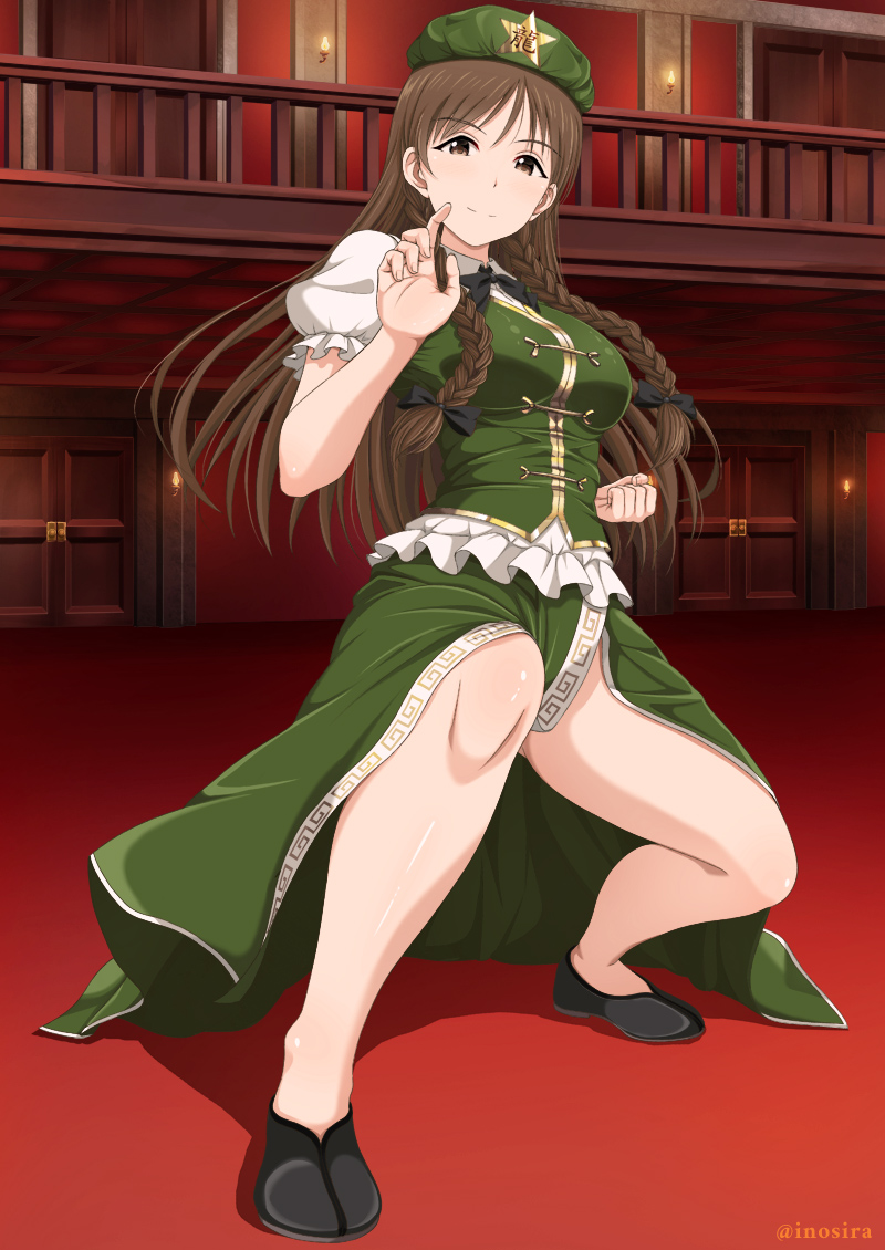 1girl beret black_footwear black_ribbon braid brown_eyes brown_hair clenched_hand closed_mouth collared_shirt commentary_request cosplay fighting_stance flats frilled_sleeves frills green_hat green_skirt green_vest hair_ribbon half-closed_eyes hat hat_ornament hong_meiling hong_meiling_(cosplay) idolmaster idolmaster_cinderella_girls indoors inoshira long_hair long_skirt looking_at_viewer neck_ribbon nitta_minami puffy_short_sleeves puffy_sleeves ribbon shirt short_sleeves side_slit skirt smile solo standing star_(symbol) star_hat_ornament touhou twin_braids twitter_username vest white_shirt