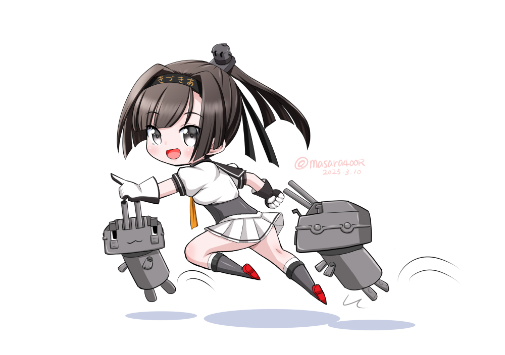 1girl akizuki_(kancolle) black_hair black_sailor_collar chibi chou-10cm-hou-chan gloves grey_hair headband kantai_collection long_hair masara_(chuujou) neckerchief orange_neckerchief pleated_skirt pointing ponytail running sailor_collar school_uniform serafuku simple_background skirt white_background white_gloves white_skirt