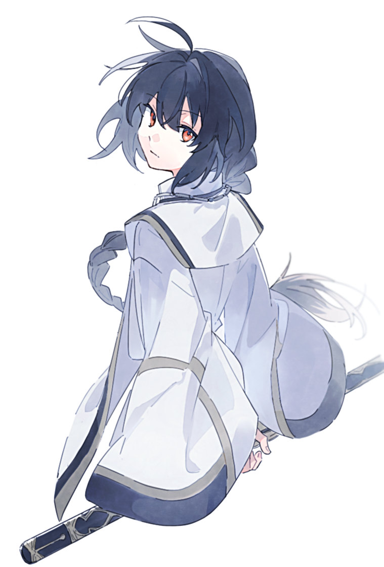1other :| ahoge androgynous arms_behind_back black_hair braid closed_mouth cropped_legs expressionless fate/samurai_remnant fate_(series) from_behind hair_between_eyes hair_intakes hair_over_shoulder holding holding_sword holding_weapon jacket japanese_clothes long_hair looking_back orange_eyes other_focus pakashan sheath sheathed sidelocks simple_background single_braid sleeves_past_wrists solo sword tabard weapon white_background white_jacket white_tabard wide_sleeves yamato_takeru_(fate)