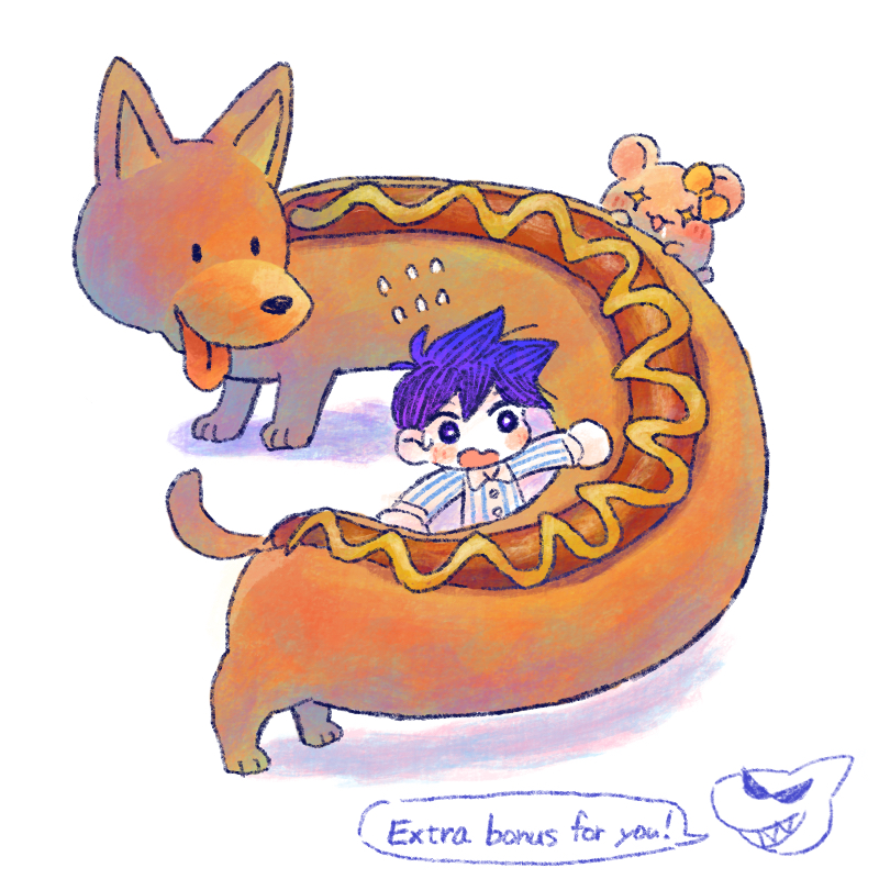 1boy bright_pupils chibi dog ems_(omori) english_text flying_sweatdrops hamster hero_(headspace)_(omori) hero_(omori) hot_diggity_dog_(omori) long_sleeves mr._jawsum omori pajamas purple_eyes purple_hair short_hair simple_background speech_bubble sun_iiinu tongue tongue_out white_background white_pupils