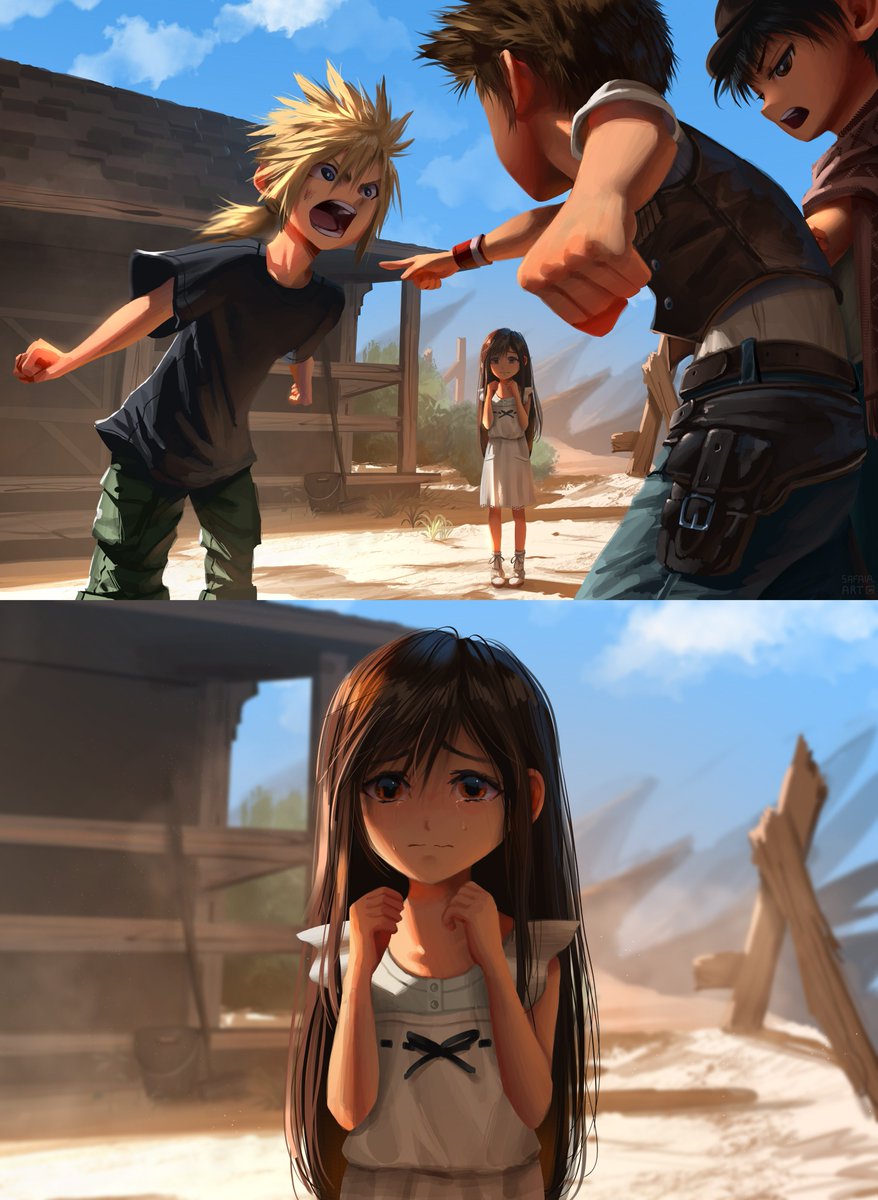 1girl 3boys aged_down blonde_hair brown_hair close-up cloud_strife commentary dress english_commentary final_fantasy final_fantasy_vii highres multiple_boys nibelheim outdoors red_eyes safaia shouting tearing_up tifa_lockhart white_dress