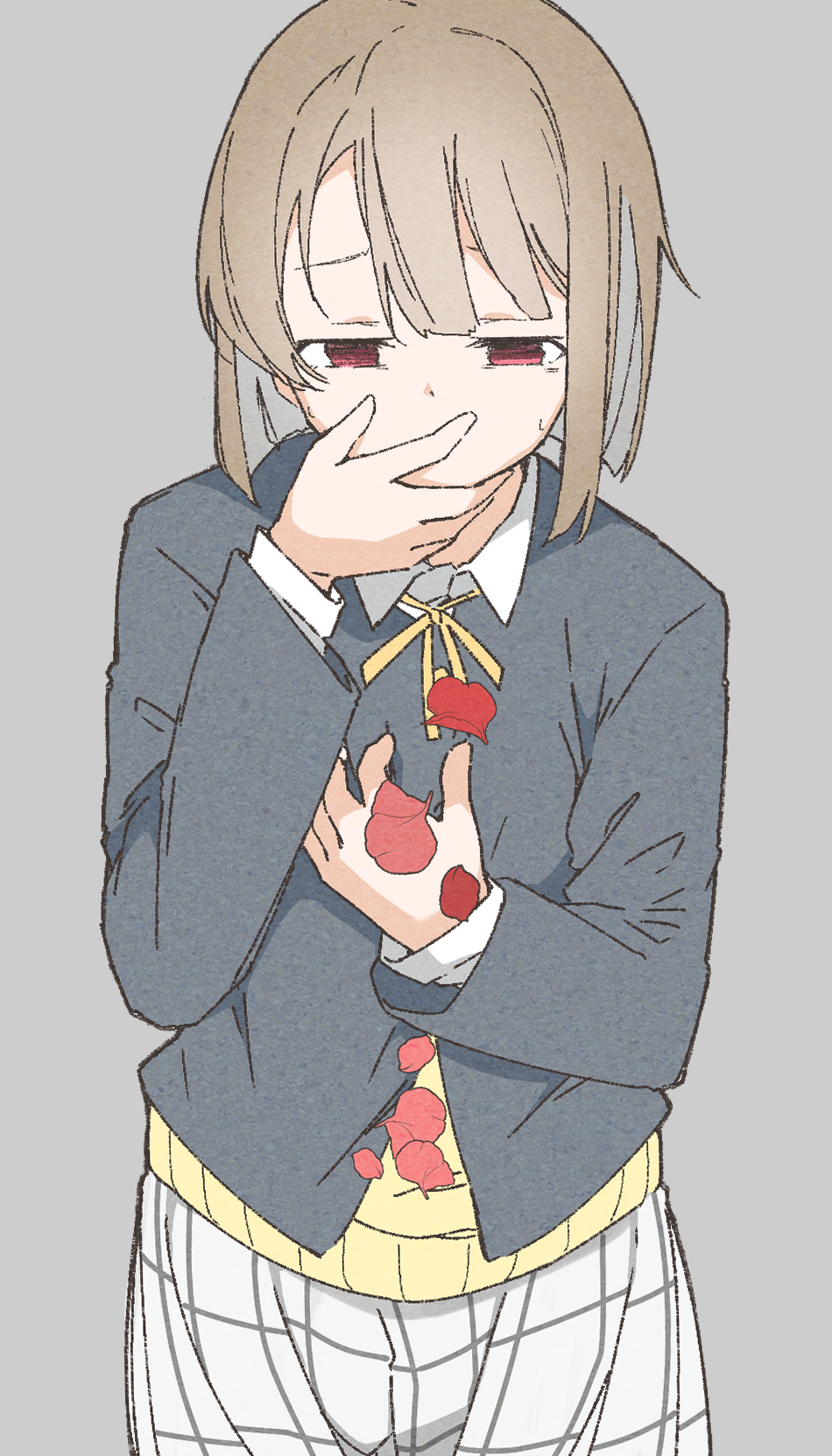 1girl black_jacket brown_hair collared_shirt commentary_request coughing_flowers cowboy_shot dress_shirt falling_petals grey_background grey_skirt half-closed_eyes highres jacket liz_(piyoko_piyop) long_sleeves love_live! love_live!_nijigasaki_high_school_idol_club nakasu_kasumi neck_ribbon nijigasaki_school_uniform petals plaid_clothes plaid_skirt pleated_skirt red_eyes red_petals ribbon school_uniform shirt skirt solo sweater white_shirt white_skirt winter_uniform yellow_ribbon yellow_sweater