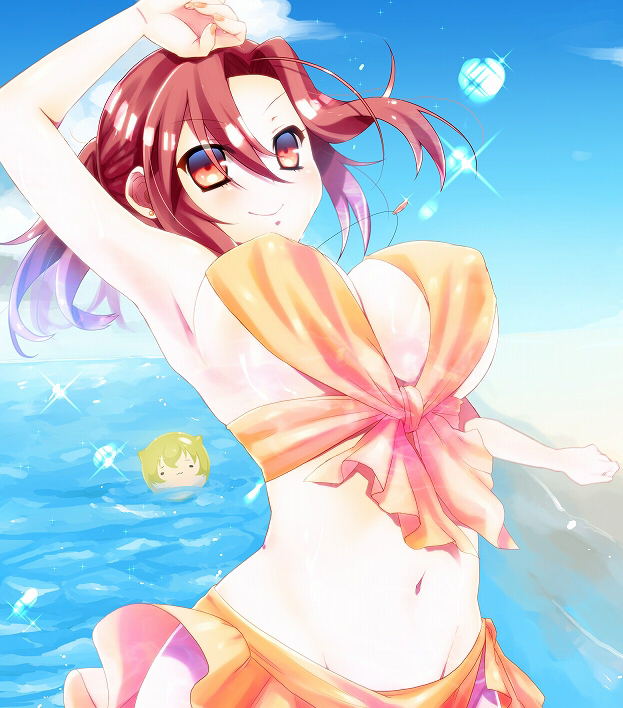 1girl :3 aozaki_touko armpits bad_id bad_pixiv_id ball beach bikini breasts covered_erect_nipples day female_focus kamehima kara_no_kyoukai large_breasts long_hair lugh_beowulf mahou_tsukai_no_yoru ocean outdoors ponytail red_eyes red_hair solo swimsuit water