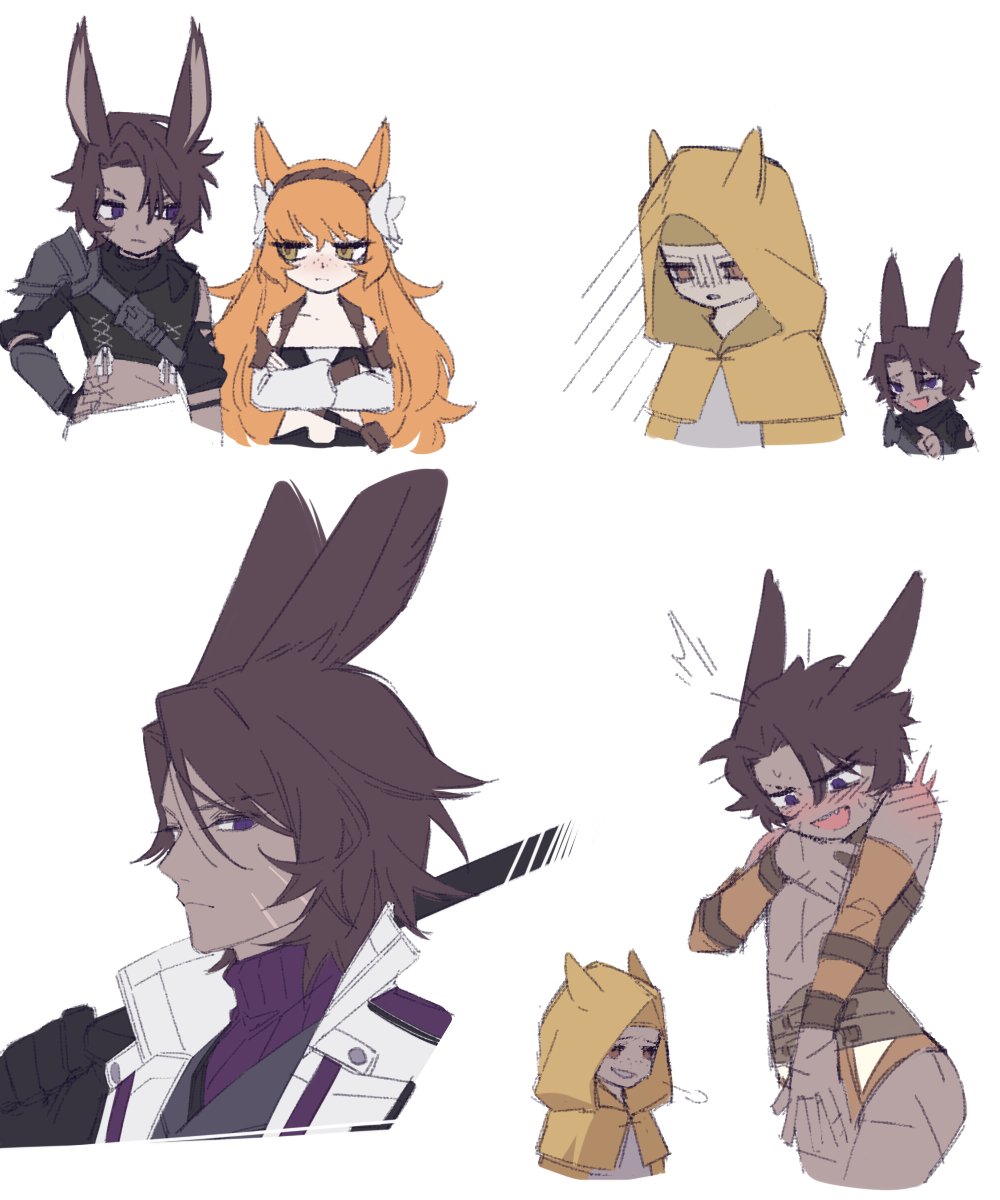 1boy 1girl animal_ears body_blush brown_hair cross-laced_clothes final_fantasy final_fantasy_xiv heathcliff_(project_moon) highres ishmael_(project_moon) limbus_company mercuryhx open_mouth parted_bangs project_moon purple_eyes purple_sweater rabbit_ears revealing_clothes ribbon shaded_face simple_background sweater turtleneck turtleneck_sweater white_background white_ribbon