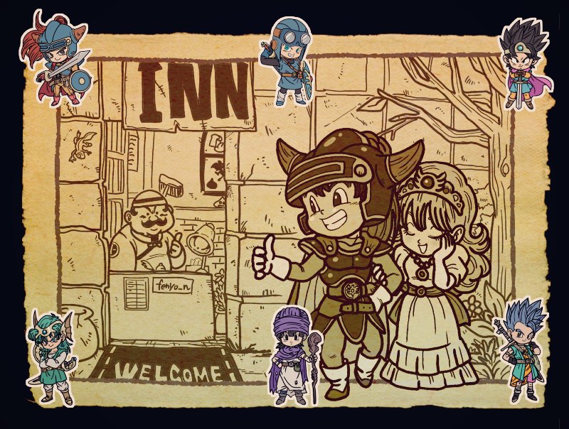 1girl 6+boys ancestor_and_descendant aqua_gemstone aqua_tunic armor artist_name asymmetrical_dual_wielding black_bodysuit black_border black_eyes black_hair blue_armor blue_eyes blue_gemstone blue_hair blue_hat blue_helmet blue_tunic blunt_bangs bodysuit boots border brown_boots brown_gloves brown_hair cape chibi circlet closed_eyes commentary_request couple crossed_arms dracky dragon_quest dragon_quest_i dragon_quest_ii dragon_quest_iii dragon_quest_iv dragon_quest_v dragon_quest_vi dress dual_persona dual_wielding erdrick&#039;s_shield facial_hair fake_horns fenyon fins forehead_jewel gem gloves gold_circlet green_hair grin hand_on_another&#039;s_arm hand_on_own_cheek hand_on_own_face hand_on_own_hip hat head_fins headpiece helmet hero_(dq1) hero_(dq3) hero_(dq4) hero_(dq5) hero_(dq6) hetero holding holding_shield holding_staff holding_sword holding_weapon horned_helmet horns husband_and_wife in-franchise_crossover jewelry long_hair looking_at_another looking_at_viewer medium_hair monochrome_background multiple_boys mustache necklace orange_bodysuit planted planted_sword planted_weapon prince_of_lorasia princess princess_laura purple_cape purple_turban red_boots red_cape red_horns roto&#039;s_emblem roto_(dq3) shield shield_on_back shirt short_hair single_bang slime_(dragon_quest) smile spiked_hair staff sword sword_on_back thumbs_up tiara torn_clothes tunic turban weapon weapon_on_back white_shirt white_tunic