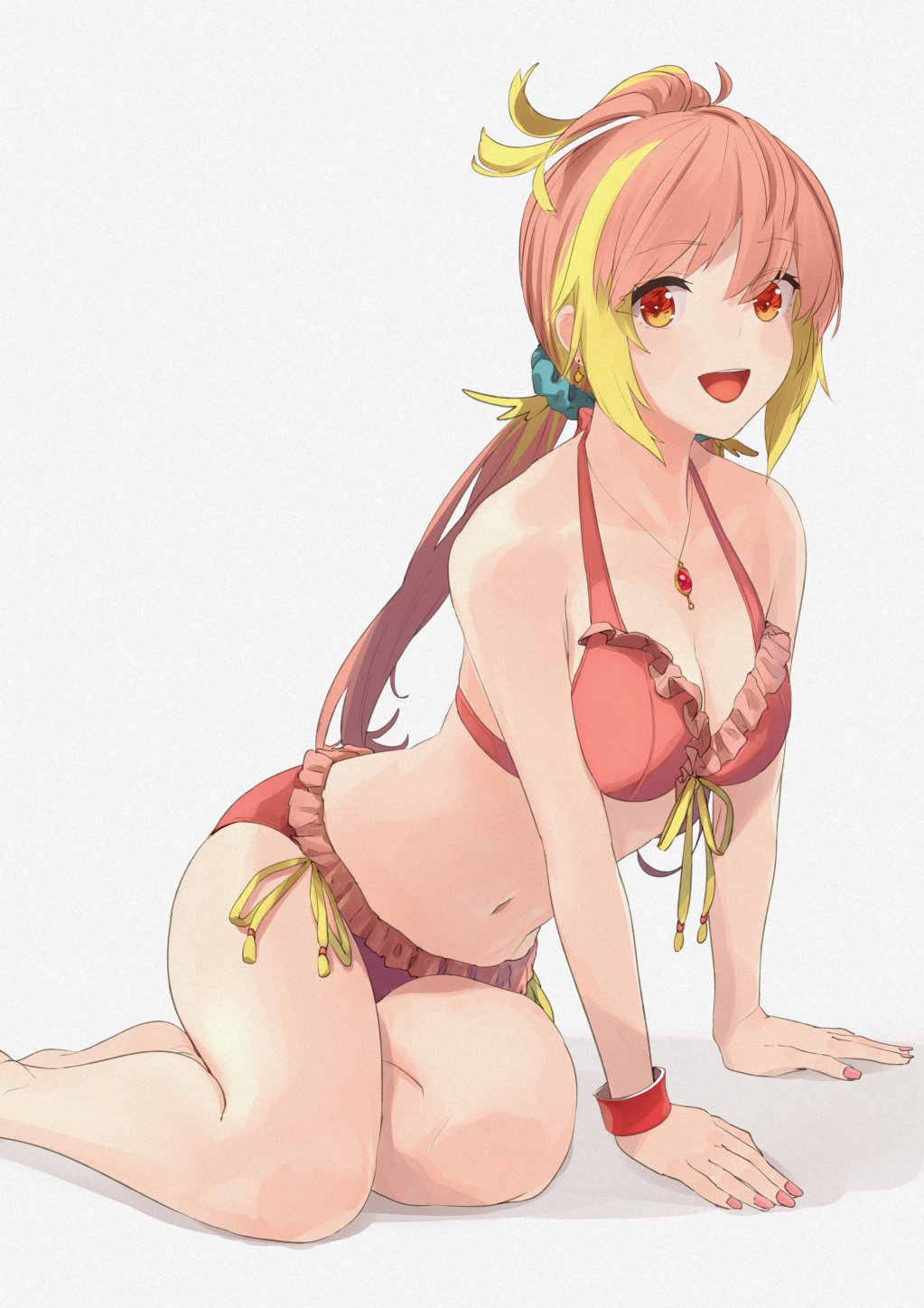 1girl alternate_costume atsushima bikini blonde_hair blush breasts commentary_request fingernails frilled_bikini frills full_body hair_ornament hair_scrunchie highres hira_hikari long_hair looking_at_viewer low_twintails medium_breasts multicolored_hair nanashi_inc. open_mouth orange_eyes pink_bikini pink_hair pink_nails ribbon scrunchie simple_background sitting smile solo streaked_hair swimsuit twintails virtual_youtuber white_background yellow_ribbon yokozuwari