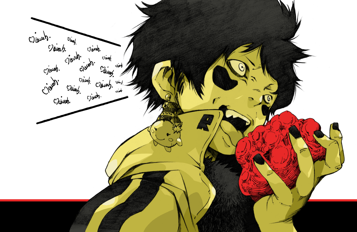 1boy bad_id bad_pixiv_id black_hair black_nails earrings facial_tattoo jersey jewelry makkamu male_focus nail_polish original short_hair signature solo tattoo tongue tongue_out