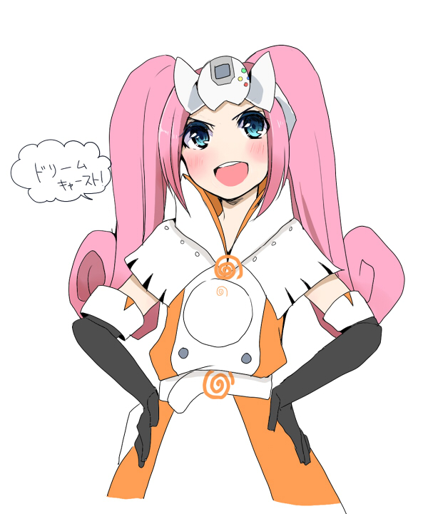 1girl black_gloves blue_eyes elbow_gloves female_focus fuurin_kingyou game_console gloves hands_on_own_hips long_hair personification pink_hair sega_dreamcast sega_dreamcast_(sega_hard_girls) sega_hard_girls solo twintails