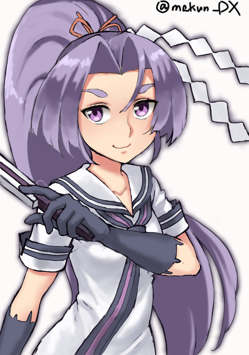 azur_lane black_gloves dress folded_fan folding_fan folding_han gloves hand_fan hatsuharu_(azur_lane) hatsuharu_(kancolle) highres hikimayu kantai_collection long_hair maakun_(makun_dx) one-hour_drawing_challenge ponytail purple_eyes purple_hair sailor_collar sailor_dress shide simple_background twitter_username upper_body white_background white_dress white_sailor_collar
