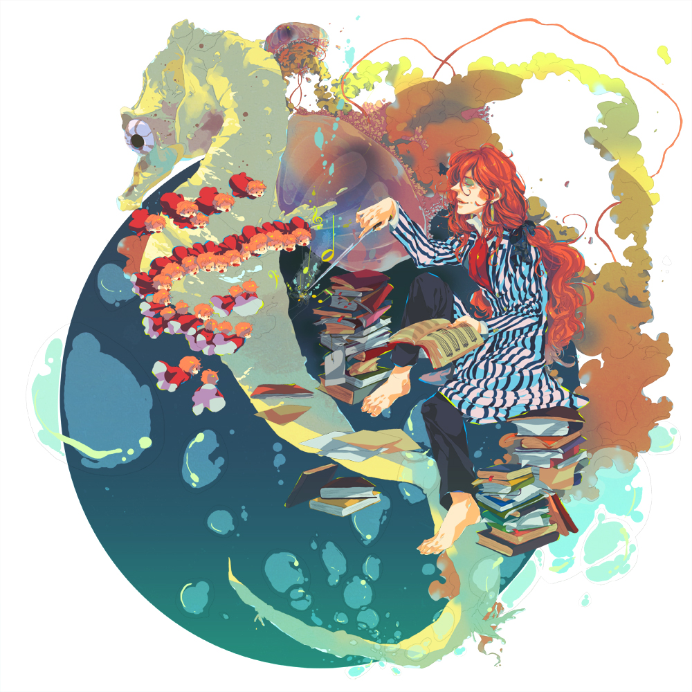 00s 1boy bad_id bad_pixiv_id barefoot book book_stack closed_eyes fish fujimoto gake_no_ue_no_ponyo long_hair male_focus nshi red_hair seahorse solo striped studio_ghibli vertical_stripes wavy_hair