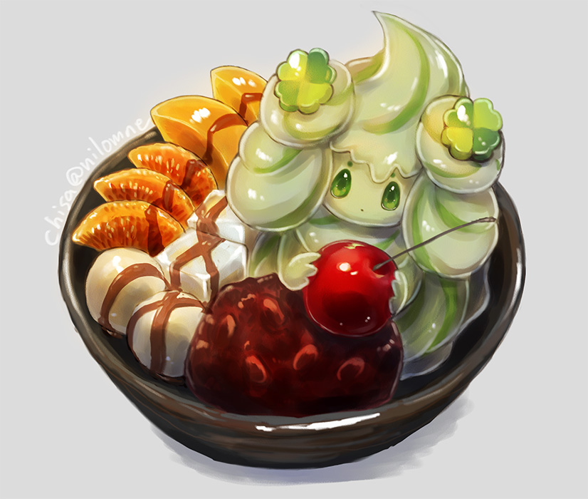 alcremie alcremie_(clover_sweet) anmitsu_(dessert) artist_name cherry commentary_request food food_focus fruit gen_8_pokemon green_eyes holding holding_food holding_fruit looking_at_viewer momomo12 nintendo no_humans orange_(fruit) orange_slice pokemon pokemon_(creature) solo watermark