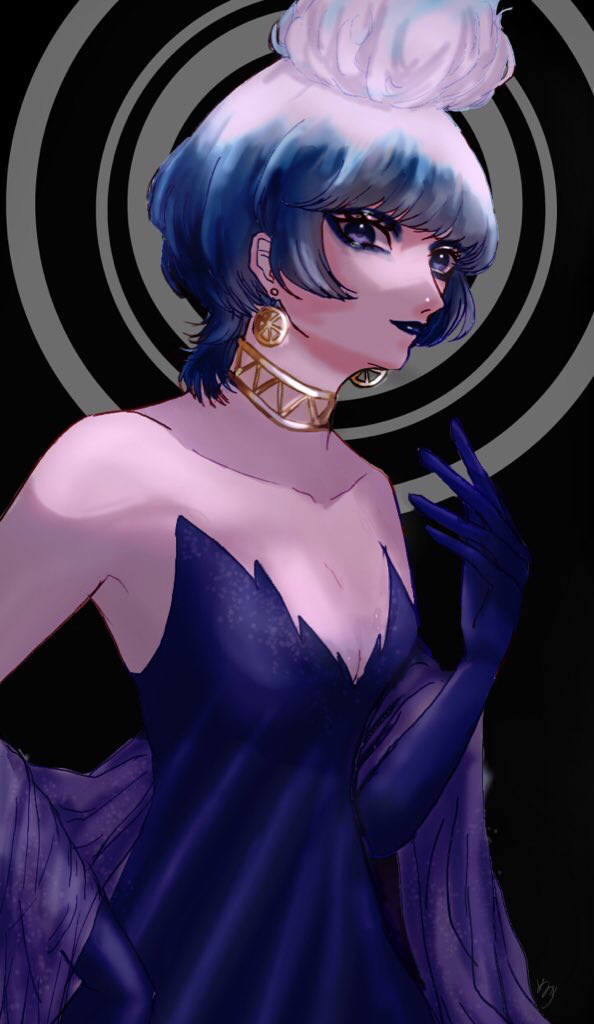 1girl black_gloves blue_fire blue_hair blue_lips closed_mouth disney disneyland dress fiery_hair fire formal_clothes gloves hades_(disney) hercules_(1997_film) lipstick looking_at_viewer makeup meguri_(megu_d3) ms._hades short_hair simple_background smile solo