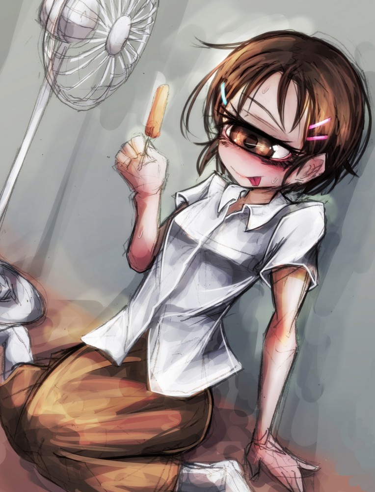 1girl :p brown_hair cyclops electric_fan female_focus food hair_ornament hairclip hitomebore hot long_skirt no_shoes one-eyed popsicle ray-k shirt short_hair short_sleeves sitting sketch skirt socks solo sweat tongue tongue_out usui_sachi wariza white_shirt white_socks
