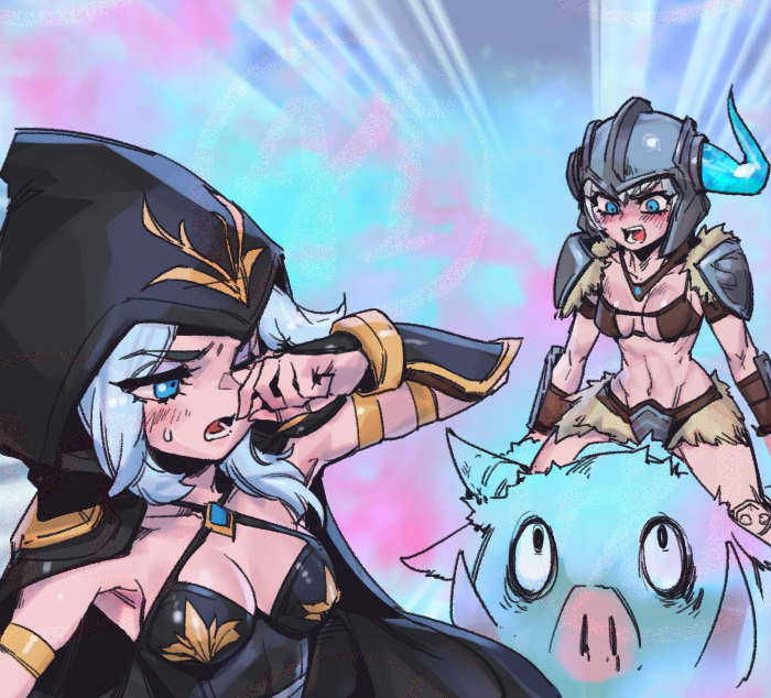 2girls angry animal armor ashe_(league_of_legends) black_cape blue_eyes blush breasts bristle broken_horn cape cleavage collarbone emphasis_lines fake_horns fur-trimmed_armor fur_trim green_eyes grey_hair helmet hood hood_up hooded_cape horned_helmet horns large_breasts league_of_legends lower_teeth_only medium_hair multicolored_background multiple_girls navel one_eye_closed open_mouth phantom_ix_row pig sejuani shiny_skin short_hair shoulder_plates stomach teeth tusks