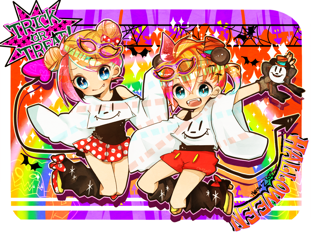 1boy 1girl aqua_eyes blonde_hair blue_eyes cosplay disney hair_ornament hairclip halloween halloween_costume kagamine_len kagamine_rin looking_at_viewer mami_(sweetcandy) mickey_mouse mickey_mouse_&amp;_friends mickey_mouse_(cosplay) minnie_mouse minnie_mouse_(cosplay) open_mouth shirt short_hair shorts siblings smile tail trick_or_treat vocaloid