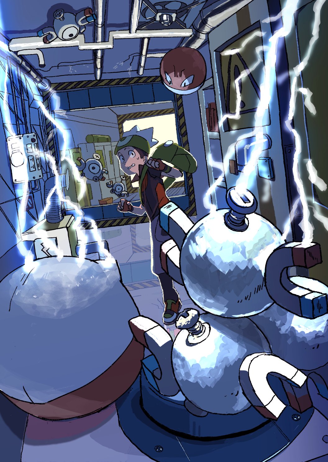 1boy bad_id bad_twitter_id beanie brendan_(pokemon) capri_pants electricity electrode_(pokemon) gen_1_pokemon hat highres holding holding_poke_ball indoors industrial_pipe looking_back magnemite magneton nintendo pants parted_lips poke_ball poke_ball_(basic) pokemon pokemon_(creature) pokemon_emerald pokemon_rse reflective_floor shoes sweatdrop teeth terrible_burst voltorb white_headwear worried
