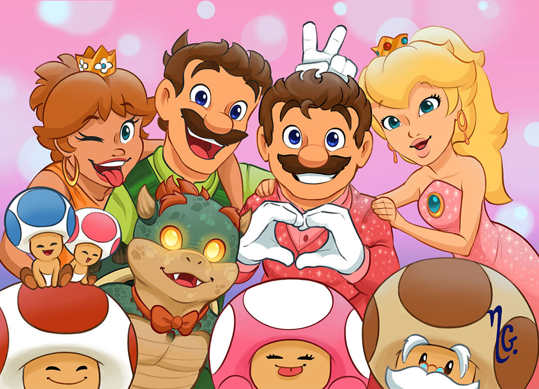 3girls 6+boys bare_shoulders blonde_hair bowser_jr. brooch brothers brown_hair crown dress earrings elitadream facial_hair gloves grin happy_new_year jewelry long_hair looking_at_viewer luigi mario mario_(series) multiple_boys multiple_girls mustache new_year nintendo old old_man one_eye_closed open_mouth pink_dress ponytail princess_daisy princess_peach red_hair siblings smile toad_(mario) toadette toadsworth tongue tongue_out v wink