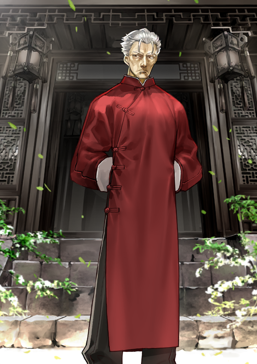 architecture arms_behind_back black_pants cheekbones chinese_clothes closed_mouth clothing_request cowlick east_asian_architecture fate/grand_order fate_(series) feet_out_of_frame frown game_cg hair_slicked_back li_shuwen_(fate) li_shuwen_(old)_(fate) long_sleeves looking_to_the_side mandarin_collar official_art old old_man pankou pants red_eyes shanghai_neckline short_hair standing third-party_source variant_set wada_arco white_hair