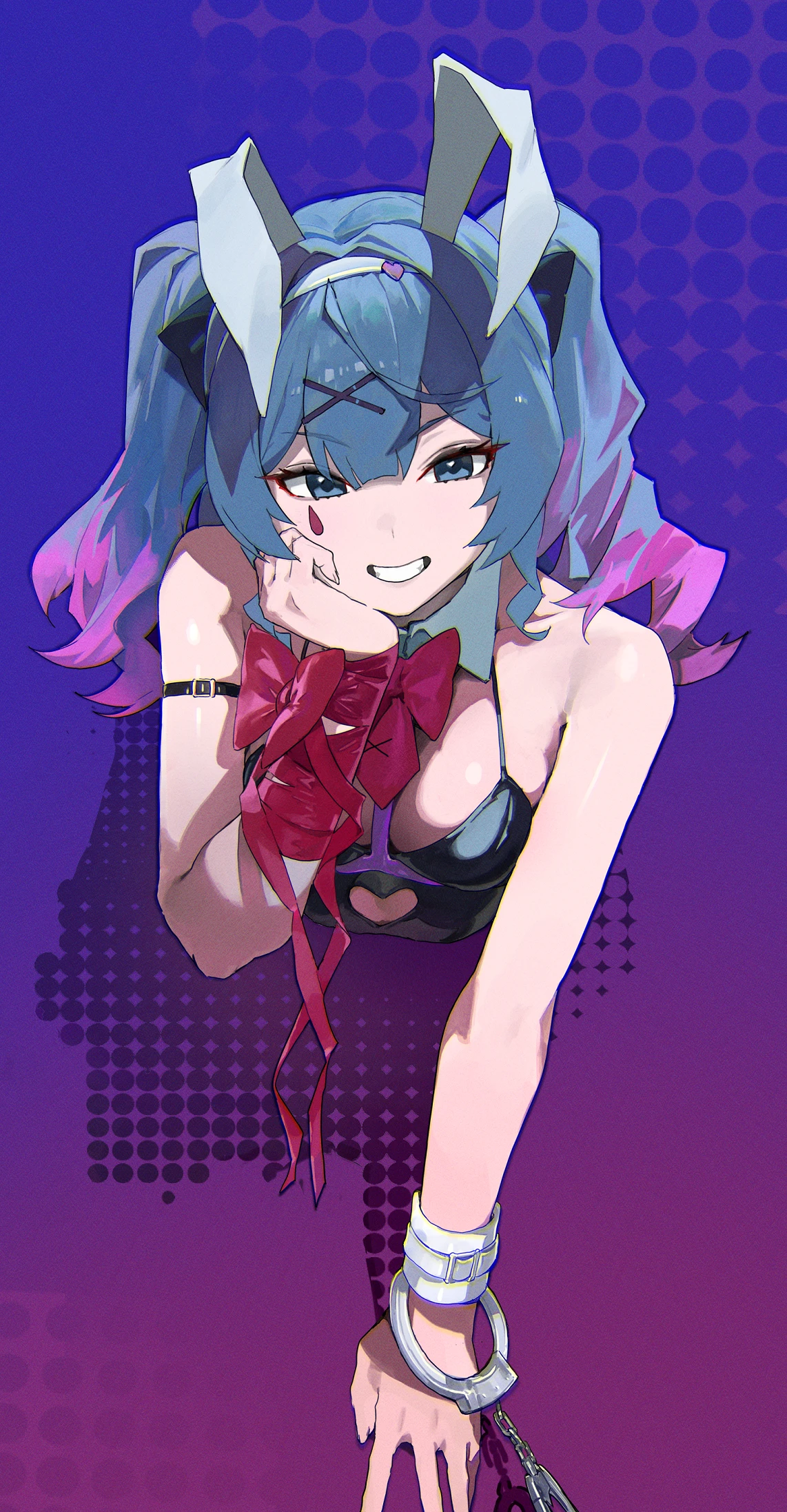 024th 1girl animal_ears arm_belt arm_ribbon bare_shoulders black_leotard blue_hair bow bowtie breasts clothing_cutout cutout_above_navel detached_collar fake_animal_ears gradient_background grin hair_ornament hand_on_own_chin hand_on_wall handcuff_dangle hatsune_miku heart_cutout highres leotard looking_at_viewer medium_breasts multicolored_hair pink_bow pink_bowtie pink_hair pink_ribbon playboy_bunny polka_dot_shadow rabbit_ears rabbit_hole_(vocaloid) ribbon shadow smile solo spaghetti_strap streaked_hair teardrop_facial_mark teeth through_wall twintails two-tone_hair vocaloid x_hair_ornament