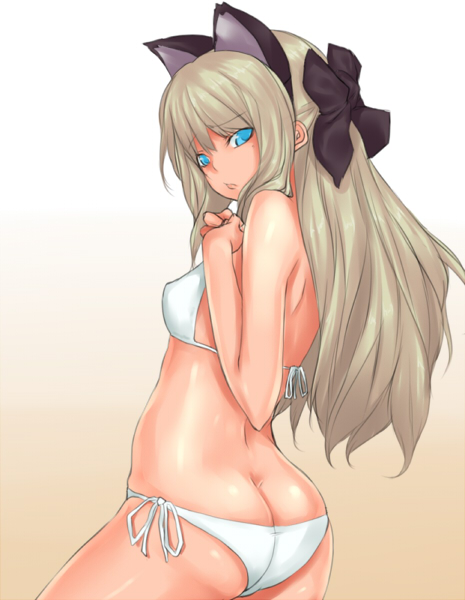 1girl animal_ears ass bikini blue_eyes brown_background butt_crack cat_ears cyrille_(shining_force_exa) female_focus from_side gradient_background half_updo mole mole_under_eye rokuichi sega shining_(series) shining_force_exa side-tie_bikini_bottom simple_background skindentation solo swimsuit white_background white_bikini