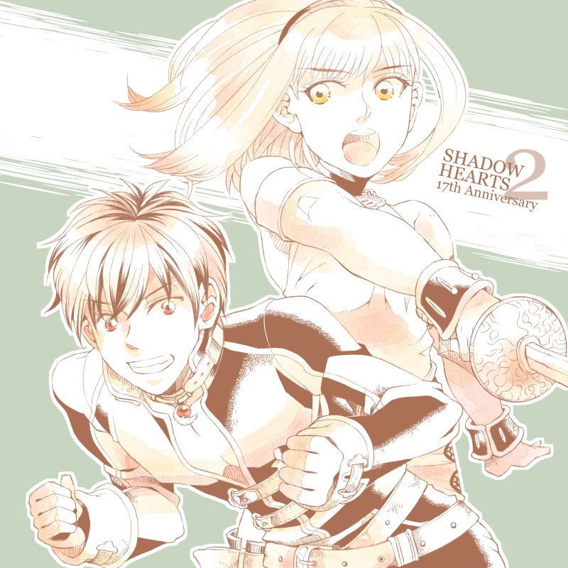 1boy 1girl detached_sleeves gloves greyscale karin_koenig long_hair milktea-maki monochrome open_mouth shadow_hearts shadow_hearts_ii sword weapon yuri_hyuga