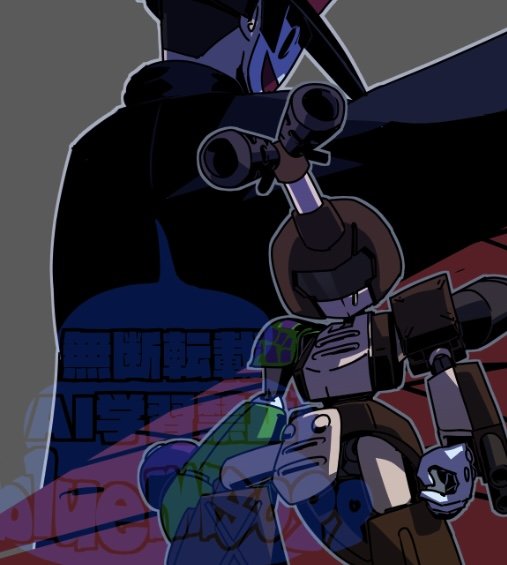 arm_cannon black_cape black_hat bluemiso99 brown_armor brown_helmet cape grey_background hat helmet humanoid_robot mask medarot metabee robot simple_background watermark weapon