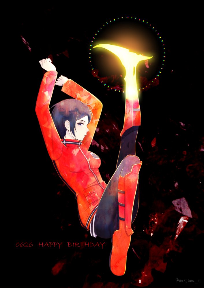1girl arms_up black_background black_hair black_pants blade blood boots breasts dated energy_blade english_text full_body glowing jacket kicking kitora_ai knee_boots knee_up leg_up long_sleeves looking_at_viewer nuraimu_e pants profile prosthesis prosthetic_leg red_boots red_jacket running_blades shards short_hair solo tight_clothes tight_pants twitter_username world_trigger