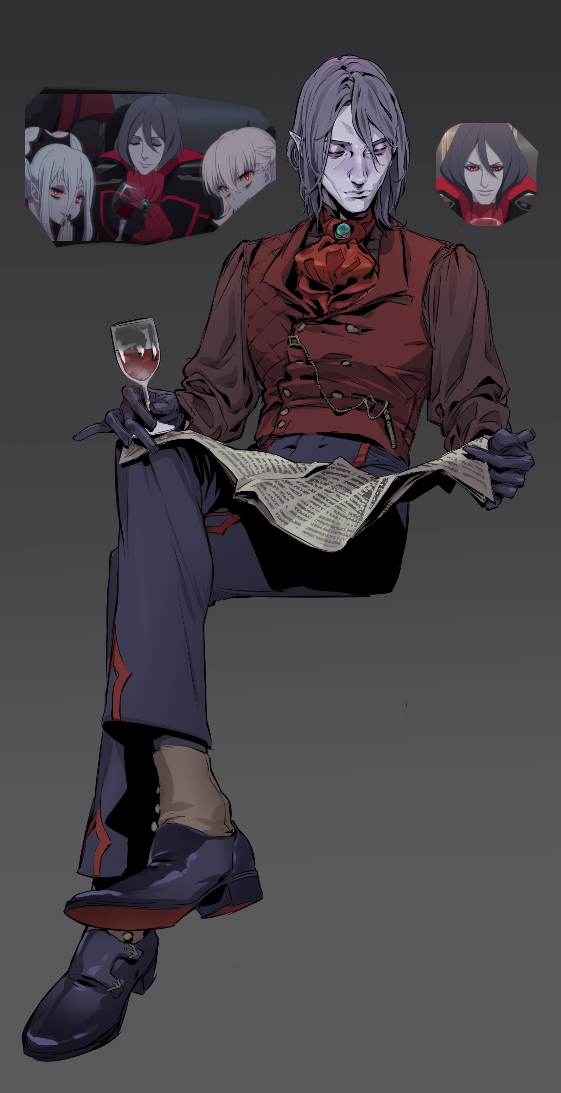 1boy absurdres anime_screenshot_inset ascot black_gloves blue_pants crossed_legs cup drinking_glass gloves highres holding holding_cup holding_newspaper long_sleeves male_focus medium_hair newspaper pants pointy_ears reading red_ascot red_eyes red_vest screenshot_inset siriusdraws sitting tenrou:_sirius_the_jaeger vest wine_glass yevgraf