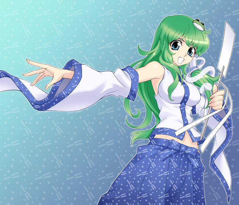 1girl 666nao detached_sleeves female_focus frog fujisawa_naoyuki green_eyes green_hair kochiya_sanae long_hair matching_hair/eyes snake solo touhou