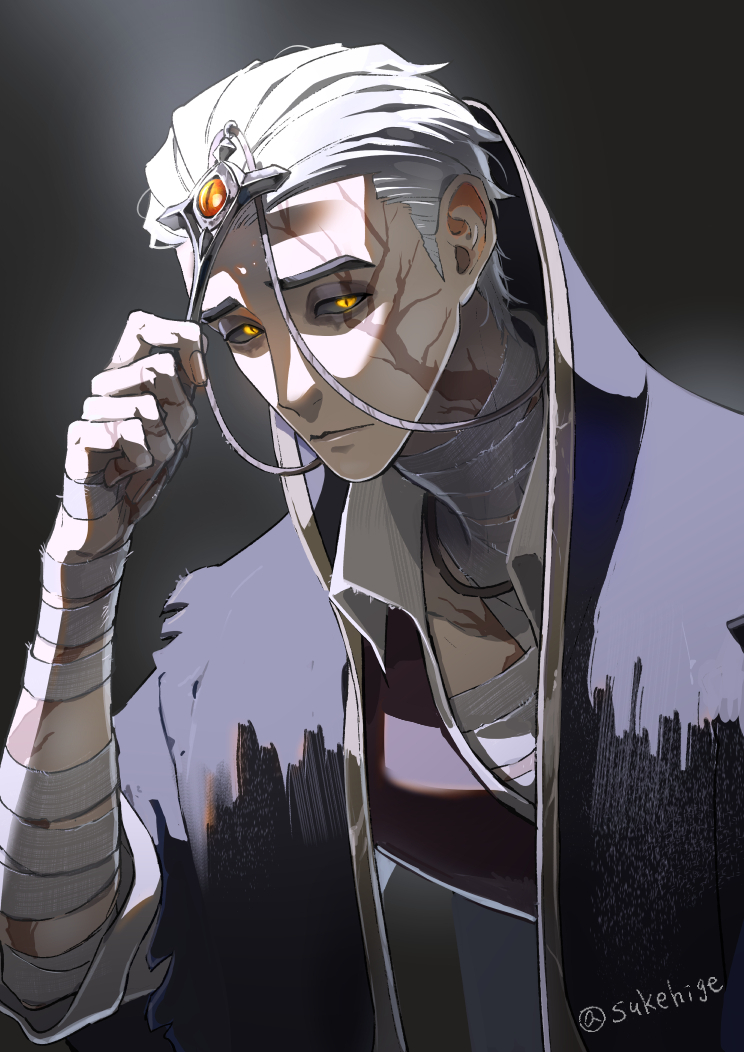 1boy alva_lorenz bandaged_arm bandaged_chest bandaged_neck bandages black_background black_coat black_sclera black_vest coat collared_shirt colored_sclera cross cross_necklace expressionless eye_symbol facial_mark gem hair_slicked_back hand_up holding holding_cross identity_v jewelry leaning_forward looking_at_viewer male_focus necklace open_clothes open_shirt parted_lips rosary shirt short_hair short_sleeves simple_background solo sukehige upper_body vest white_hair white_shirt yellow_eyes yellow_gemstone