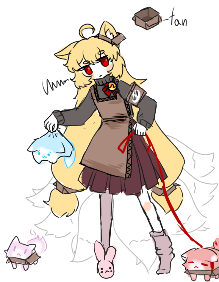 1girl :&lt; :3 =_= ahoge animal animal_ears animal_slippers apron armband asymmetrical_legwear bell black_sweater blonde_hair blush_stickers box box_hair_ornament brown_apron brown_armband brown_socks cardboard cardboard_box character_name closed_eyes closed_mouth commentary danbooru_(site) english_commentary extra_tails eyes_visible_through_hair fox fox_ears fox_tail full_body holding holding_animal holding_leash in_box in_container jitome leash long_hair long_sleeves looking_at_viewer low-tied_long_hair low_twintails neck_bell personification purple_skirt red_eyes shibidayo simple_background single_slipper skirt slippers sock_pull socks solo squiggle sweater tail thick_eyebrows twintails uneven_legwear very_long_hair white_background |_|