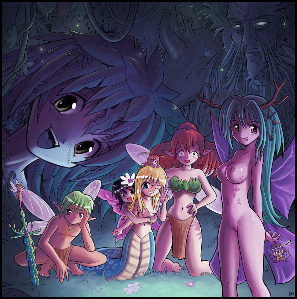 2boys 6+girls aged_down aya_(karbo) bare_shoulders blonde_hair blue_hair breasts casual_nudity cleft_of_venus colored_skin convenient_censoring crisis drayla fairy felarya green_hair karbo lamia large_breasts loincloth medium_breasts melany_(karbo) midriff mini_person minigirl miniguy monster_girl multiple_boys multiple_girls navel nipples nude orange_hair pink_skin pointy_ears pussy red_hair subeta sword weapon