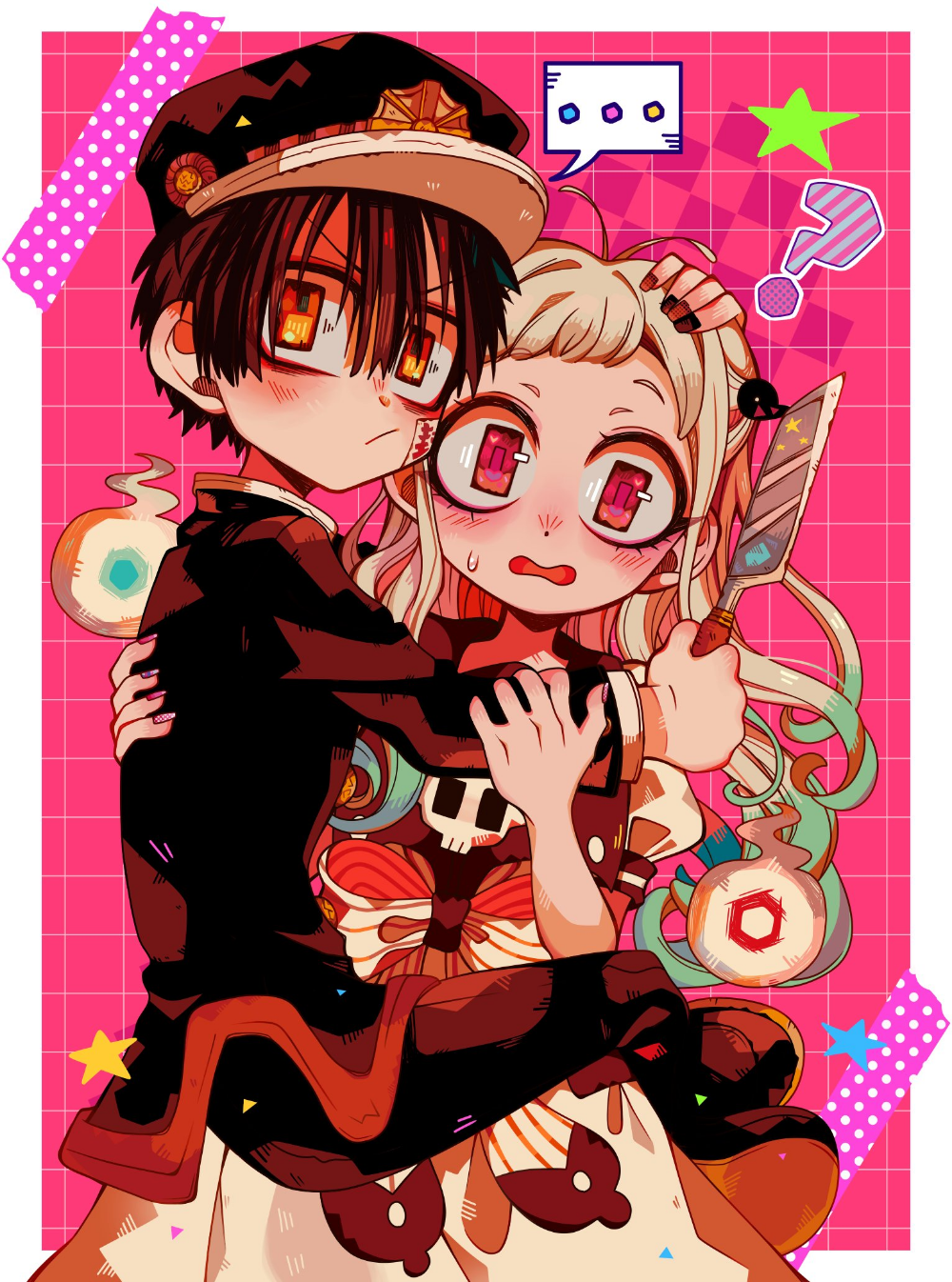 ... 1boy 1girl :/ ? antenna_hair bad_link black_footwear black_hat black_nails black_pants black_shirt blonde_hair blush border brown_hair newsboy_cap choppy_bangs clinging closed_mouth colored_tips colorful constricted_pupils cowboy_shot dot_nose double-parted_bangs dress gakuran green_hair grid_background gyaraki hair_between_eyes hanako_(jibaku_shounen_hanako-kun) hand_on_another&#039;s_back hand_on_another&#039;s_head hand_on_another&#039;s_wrist hat hetero highres holding holding_knife jibaku_shounen_hanako-kun knife leaning_to_the_side leg_lock long_hair looking_at_viewer looking_to_the_side multicolored_hair nail_polish open_mouth orange_eyes outside_border pants pink_background pink_eyes raised_eyebrows saturated school_uniform shirt short_bangs short_eyebrows short_hair sideways_glance skull_ornament spoken_ellipsis square_eyes straight-on sweatdrop third-party_source v-shaped_eyebrows wavy_mouth white_border white_dress yashiro_nene