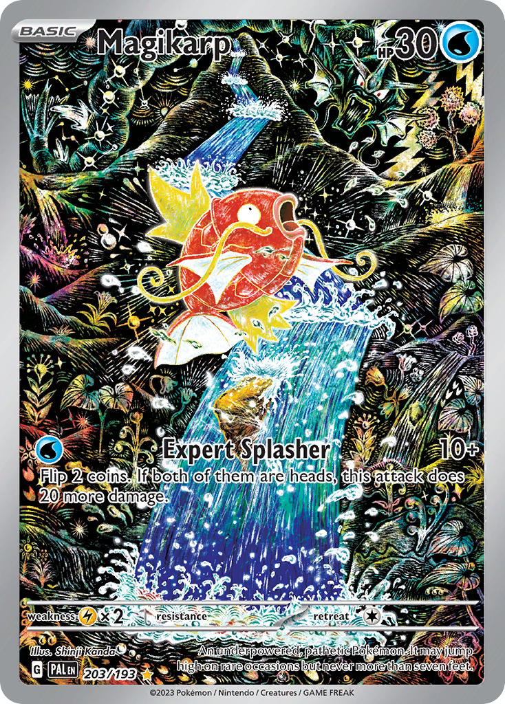 animal_focus artist_name card_(medium) character_name company_name copyright_name copyright_notice english_text fish full_body gen_1_pokemon kanda_shinji leaf lips magikarp nintendo no_humans official_art open_mouth plant pokemon pokemon_(creature) pokemon_card pokemon_focus pokemon_tcg sparkle third-party_source trading_card water waterfall