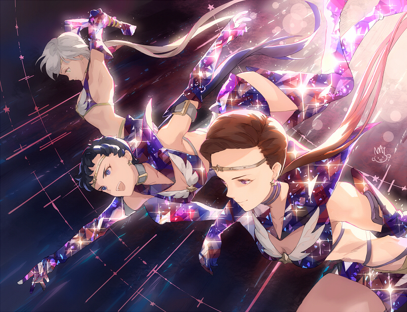 &gt;:d 3girls :d armpits backlighting bishoujo_senshi_sailor_moon bishoujo_senshi_sailor_moon_sailor_stars bishoujo_senshi_sailor_moon_stars black_hair brown_hair choker circlet elbow_gloves glitter gloves long_hair low_ponytail mayo_(becky2006) multiple_girls open_mouth outstretched_arm ponytail sailor_star_fighter sailor_star_healer sailor_star_maker seiya_kou signature silver_hair smile taiki_kou v-shaped_eyebrows very_long_hair yaten_kou