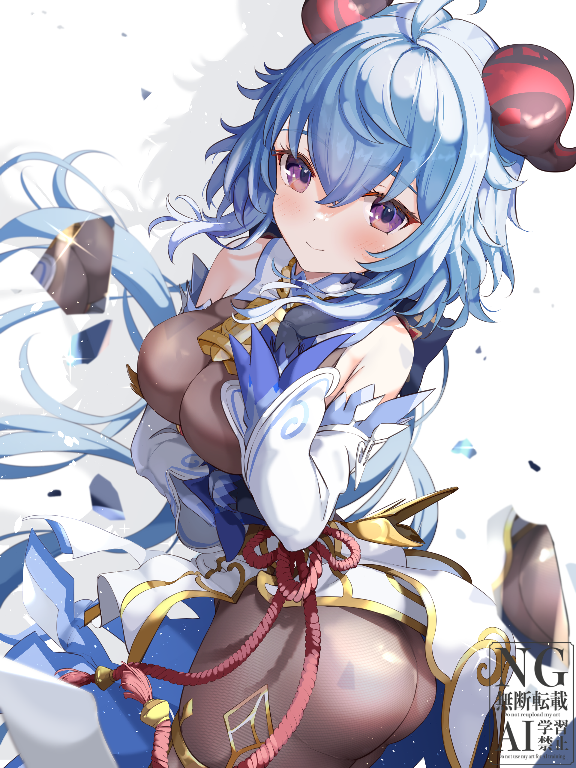 1girl absurdres ahoge ass black_gloves blue_hair bodysuit breasts brown_bodysuit brown_pantyhose closed_mouth detached_sleeves ganyu_(genshin_impact) genshin_impact gloves gold_trim highres horns large_breasts leotard leotard_under_clothes momiji_akiba pantyhose purple_eyes smile solo watermark white_background white_sleeves
