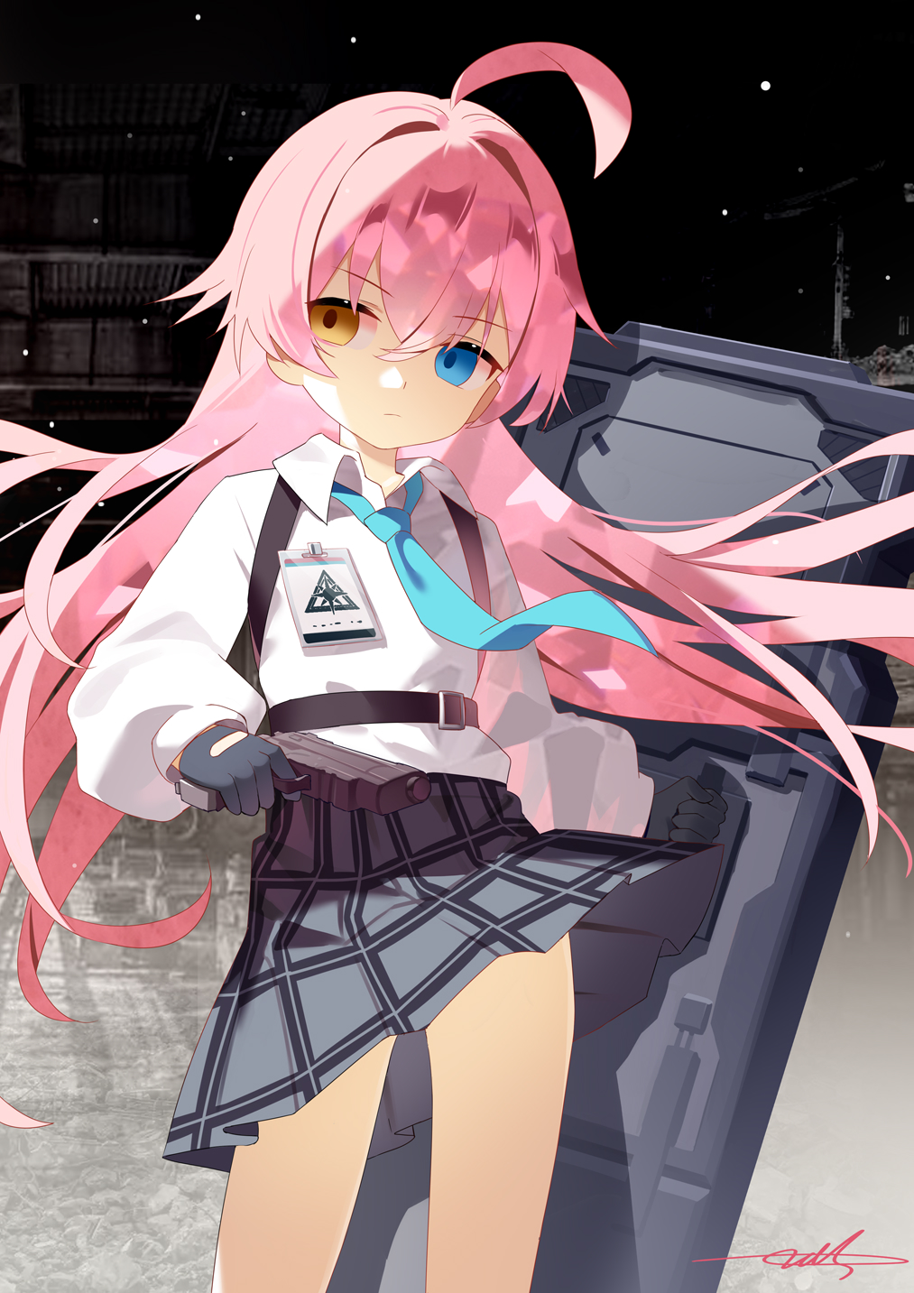 1girl ahoge ballistic_shield beretta_1301 black_gloves blue_archive blue_eyes blue_necktie commentary_request gloves hair_between_eyes heterochromia highres hoshino_(blue_archive) huge_ahoge long_hair long_sleeves necktie pink_hair sakutaishi shield shirt skirt thighs white_shirt wind wind_lift yellow_eyes