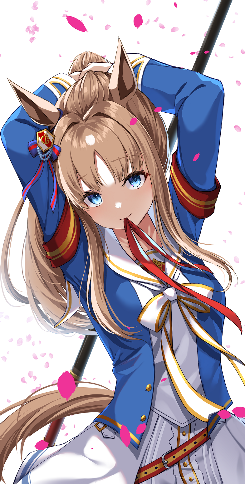 1girl adjusting_hair animal_ears armband blue_eyes breasts brown_hair closed_mouth grass_wonder_(umamusume) hair_ornament highres horse_ears horse_girl horse_tail long_hair medium_breasts merxkialis naginata polearm red_armband ribbon simple_background solo tail umamusume weapon white_background