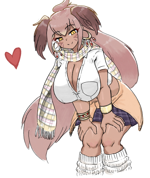 1girl alternate_breast_size alternate_costume bracelet breast_pocket breasts brown_hair buttons cleavage closed_mouth clothes_around_waist cropped_legs cropped_shirt dark-skinned_female dark_skin earrings empty_eyes facial_mark feet_out_of_frame head_wings heart hoop_earrings huge_breasts jewelry kemono_friends leaning_forward leg_warmers long_hair looking_at_viewer midriff miniskirt mo23 navel north_island_giant_moa_(kemono_friends) partially_unbuttoned plaid_clothes plaid_skirt pocket scarf shirt short_sleeves simple_background skirt smile solo standing stomach very_long_hair white_background white_shirt wings yellow_eyes