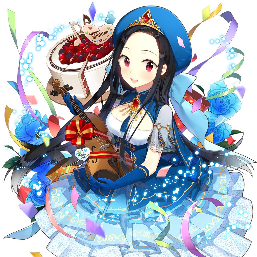 1girl :d black_gloves black_hair blue_cape blue_dress blue_flower blue_gloves blue_ribbon blue_rose blue_skirt blush bow breasts brooch brown_gloves cake cape chocolate clarice_lapis cleavage cleavage_cutout clothing_cutout confetti corset cowboy_shot dress elbow_gloves floral_print flower food forehead frills fruit gem gift gloves happy_birthday hat hat_ribbon heart holding holding_instrument instrument jewelry lace large_breasts long_hair looking_at_viewer medium_breasts mole mole_under_eye necklace open_mouth parted_bangs petals puffy_short_sleeves puffy_sleeves red_eyes red_flower red_rose ribbon rose salt_(salty) shirt short_sleeves simple_background skirt small_breasts smile solo sparkle staff standing strawberry uchi_no_hime-sama_ga_ichiban_kawaii very_long_hair white_background white_flower white_shirt