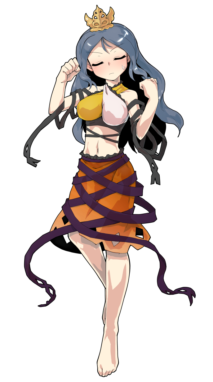 arm_ribbon arm_up barefoot black_ribbon blue_hair chirizuka_ubame clenched_hand closed_eyes dairi dress flustered fossilized_wonders frilled_dress frilled_skirt frills hair_ornament halterneck highres knee_up long_hair midriff multicolored_dress narrowed_eyes nipples orange_skirt pout purple_ribbon ribbon skirt standing standing_on_one_leg tachi-e touhou waist_ribbon