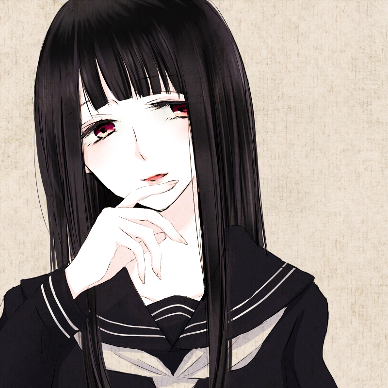 1girl atlach-nacha black_hair blunt_bangs collarbone female_focus head_tilt hirasaka_hatsune light_smile long_hair long_sleeves neckerchief pale_skin parted_lips red_eyes school_uniform serafuku shirt solo sui_(camellia) upper_body
