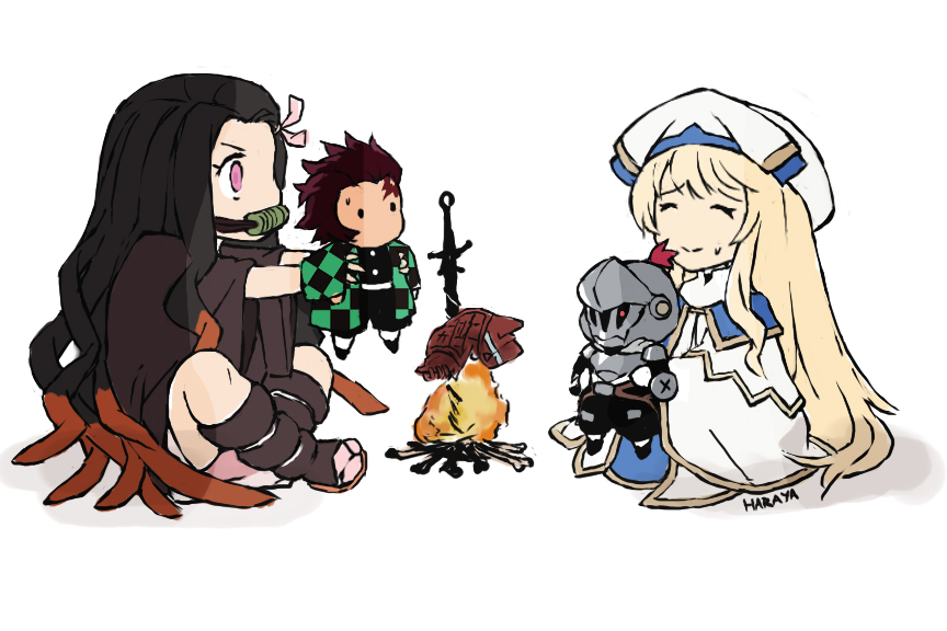 2boys 2girls arm_armor arm_shield armor artist_name black_gloves black_hair black_shoes blonde_hair bonfire bottle breastplate brother_and_sister brown_hair chibi chibi_only coat commentary crossover dress earrings english_commentary fur-trimmed_armor fur_trim gloves goblin_slayer goblin_slayer! grey_armor grey_helmet haraya_manawari hat helmet holding holding_bottle holding_chibi indian_style jewelry kamado_nezuko kamado_tanjirou kimetsu_no_yaiba leg_armor light_trail long_hair multicolored_coat multiple_boys multiple_girls priestess priestess_(goblin_slayer!) purple_eyes shoes siblings sitting two-tone_coat white_background white_dress white_hat