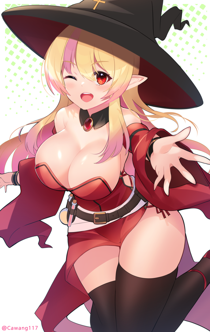 1girl ;d black_thighhighs blonde_hair breasts cawang detached_collar dress dungeon_and_fighter feet_out_of_frame female_mage_(dungeon_and_fighter) hat large_breasts long_hair looking_at_viewer one_eye_closed open_mouth pink_hair pointy_ears reaching reaching_towards_viewer red_dress red_footwear short_dress smile solo strapless strapless_dress thighhighs witch_hat