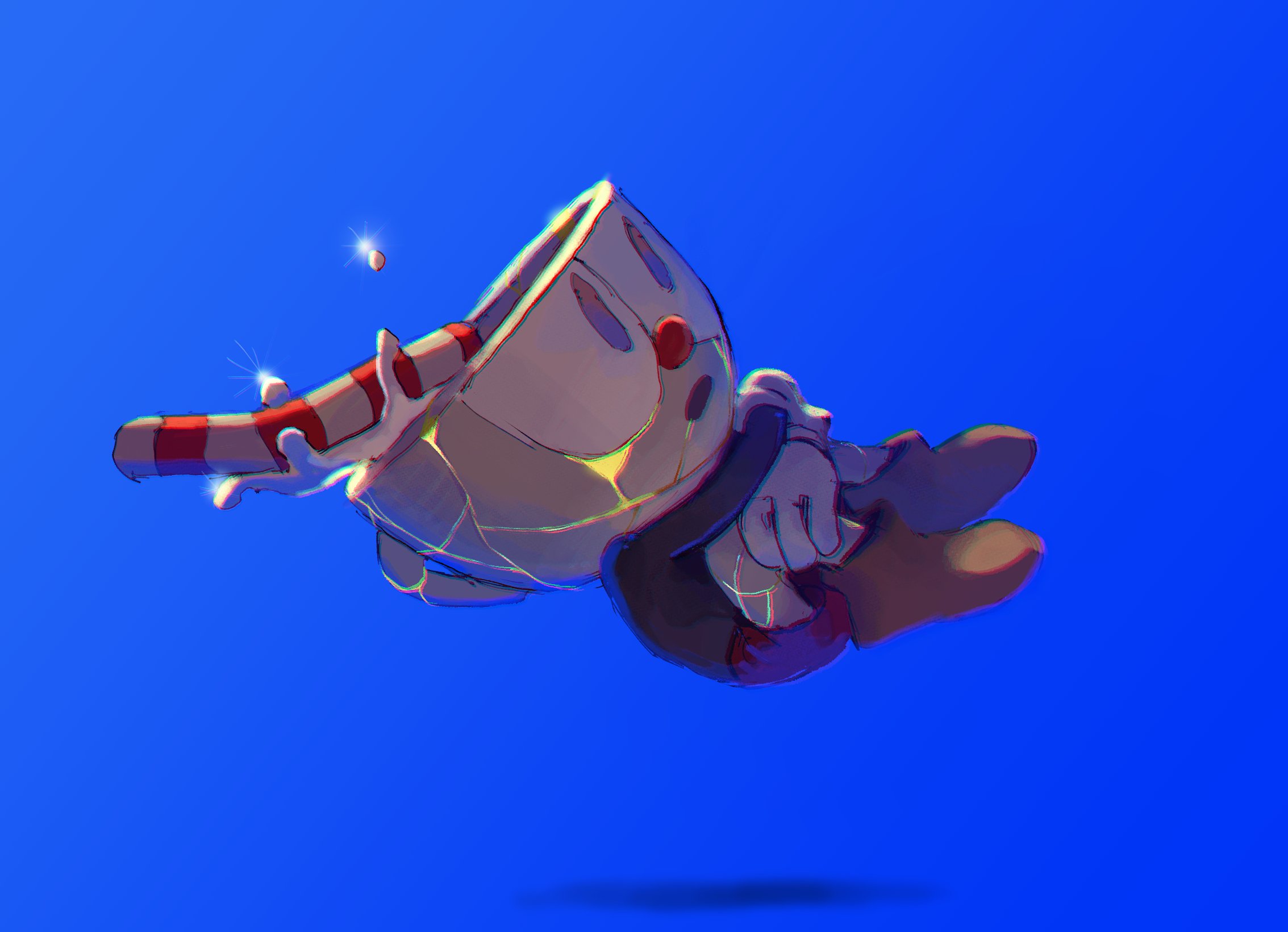 1boy blue_background broken broken_cup broken_vase cup cuphead cuphead_(game) defeat doi_m2000 drinking_straw dripping gloves gold highres kintsugi liquid shirt shorts sparkle spill spilling white_gloves