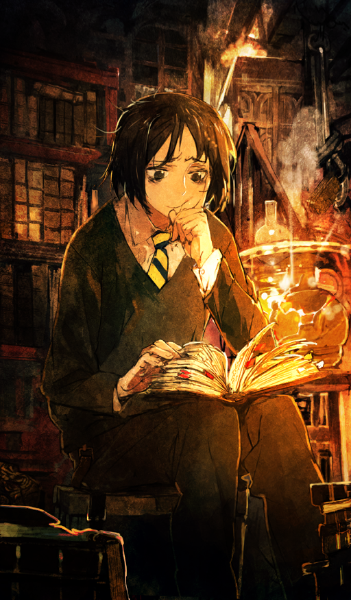 1boy bags_under_eyes black_hair blue_necktie book bookshelf brown_background collared_shirt commentary diagonal-striped_clothes diagonal-striped_necktie fate/grand_order fate_(series) feet_out_of_frame green_sweater hand_on_own_chin male_focus medium_hair messy_hair necktie nidaime_wa_alter-chan official_art open_book reading shirt sitting solo striped_clothes sweater third-party_source toi8 v-neck waver_velvet white_shirt yellow_necktie